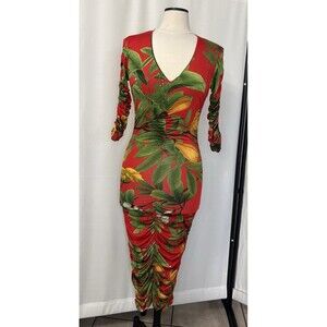 Zara Woman’s Red Palms Floral Plunge Ruching Tropical Draped Bodycon Dress sz XS